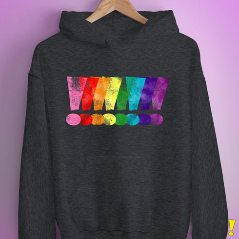 Distressed Gilbert Baker LGBTQ Pride Exclamation Points Hoodie - Dark Grey Heather